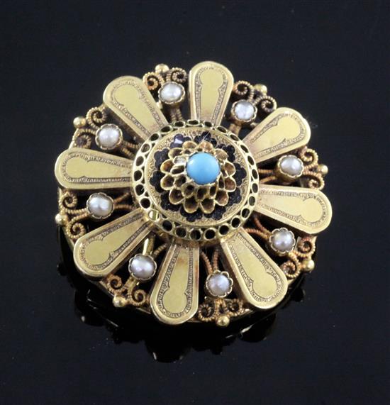 A gold, seed pearl and turquoise set circular pendant brooch, 34mm.